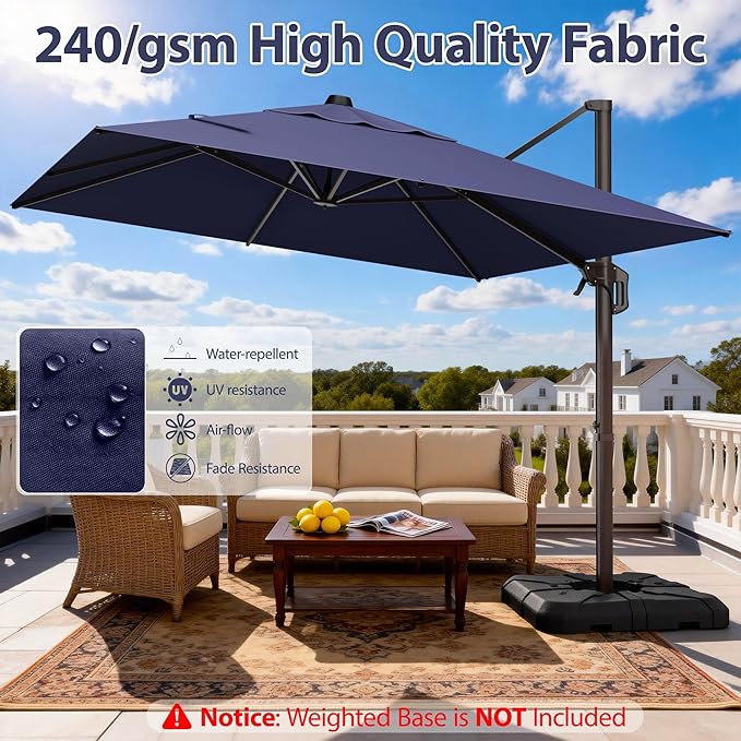 9' X 12' Cantilever Patio Umbrella Rectangle Outdoor Umbrella with Base Included, 6-Level Tilt & 360° Rotation Offset Umbrella for Garden, Deck, Pool (Navy Blue)
