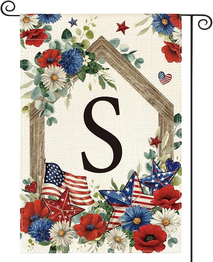 AVOIN colorlife Initial Letter S Monogram Patriotic Garden Flag 12x18 Inch Double Sided Outside, 4th of July Memorial Day Floral Family Last Name Yard Outdoor Decoration