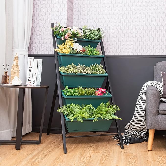 Giantex Vertical Planter Raised Bed, Elevated Garden Beds with Water Drainage Hole, Freestanding 5 Container Boxes for Herb Vegetables Flowers Growing, Outdoor Indoor Patio Balcony (Green, 1)