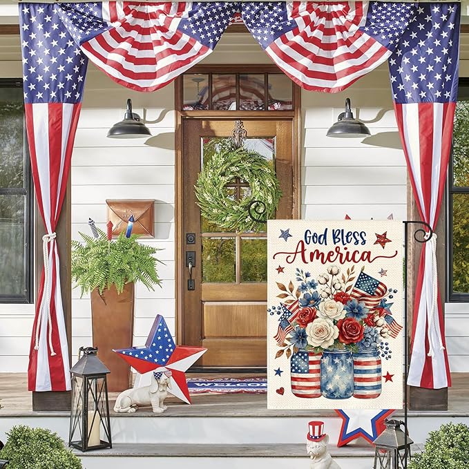 AVOIN colorlife God Bless America Mason Jar Patriotic Garden Flag 12x18 Inch Double Sided Outside, 4th of July Memorial Day Stars and Stripes Floral Yard Outdoor Decoration