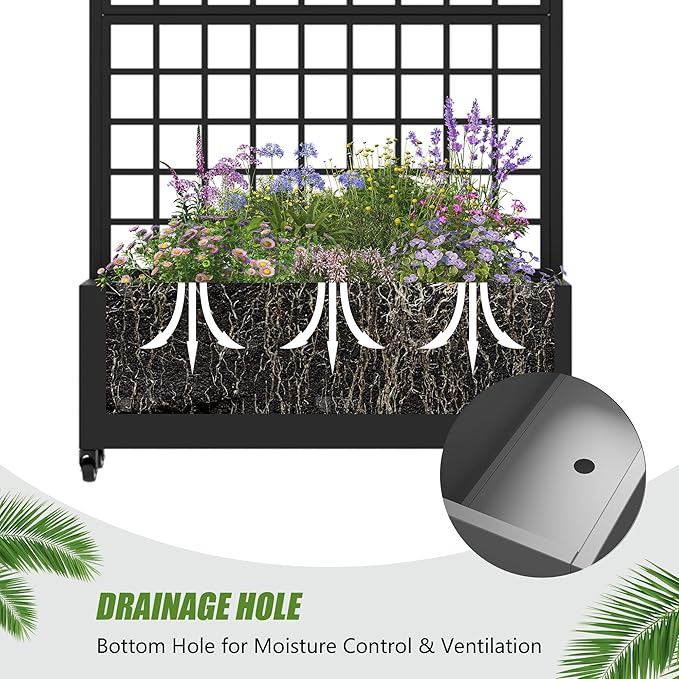 Casaphoria 72"x35" Metal Raised Garden Bed with Trellis(2 Pack), Outdoor Planter Box with Wheels & Drainage Holes for Climbing Plants, Flowers, Elevated Garden Kit with Privacy Screen, Black-Gird