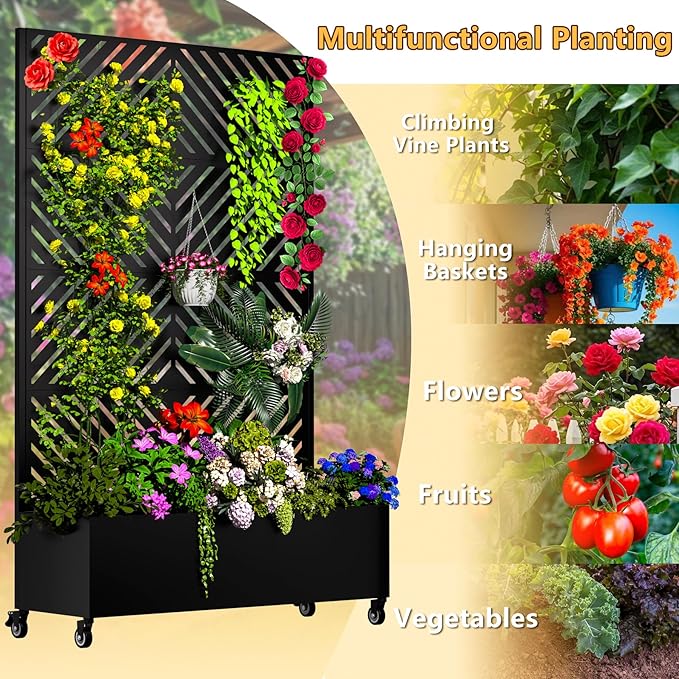 Metal Planter Box with Trellis, 72.1"x47.2"x16" Outdoor Galvanized Raised Garden Bed with Privacy Screen & Drainage Holes & Lockable Casters for Climbing Plants, Vegetable (Arrow-Black1)