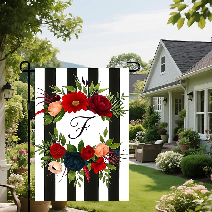 IVN Spring Floral Garden Flag With Mixed Flowers Letter F And Black And White Stripes Wreath Garden Flag Double Sided 12x18 Inch Vertical Farmhouse Yard Outdoor Decoration