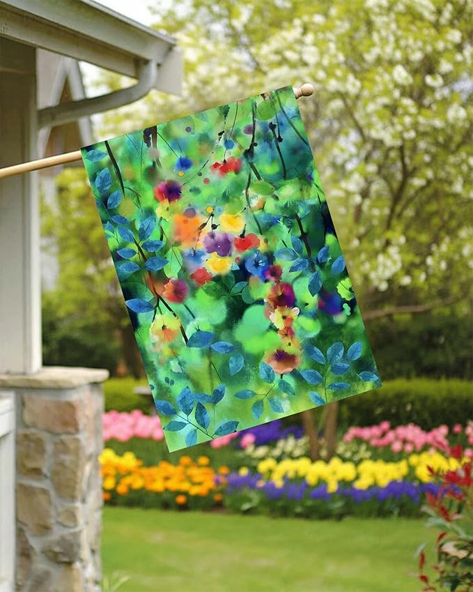 Watercolor Abstract Spring Summer Seasonal Green Floral Leaves Flowers House Flag 28" x 40" Double Sided Polyester Welcome Yard Garden Flag Banners for Patio Lawn Home Outdoor Decor
