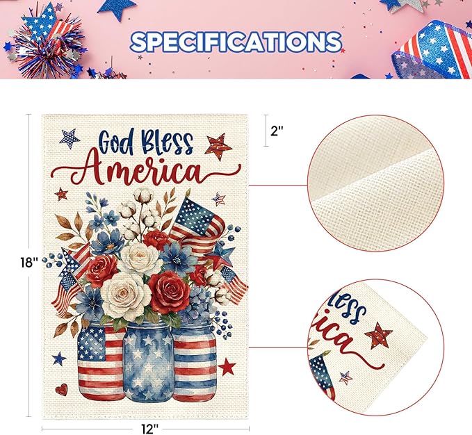 AVOIN colorlife God Bless America Mason Jar Patriotic Garden Flag 12x18 Inch Double Sided Outside, 4th of July Memorial Day Stars and Stripes Floral Yard Outdoor Decoration
