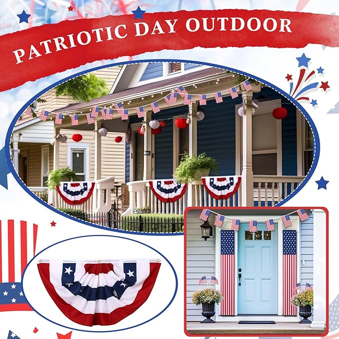 Mindsoft 61 Pcs Independence Day Decorations Outdoor Bunting Flags Set Patriotic Pleated Fan Flag 1.5 x 3 FT Hanging American Flag Banners 4th of July Small American Flags USA String Pennant Flag