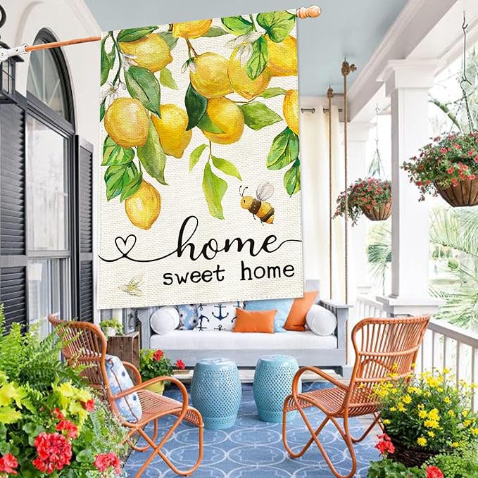 Baccessor Lemon House Flag Summer Bee Floral Home Sweet Home Large Yard Flag 28 X 40 Inch Double Sided Burlap Welcome Flag for Outside Outdoor Porch Decor