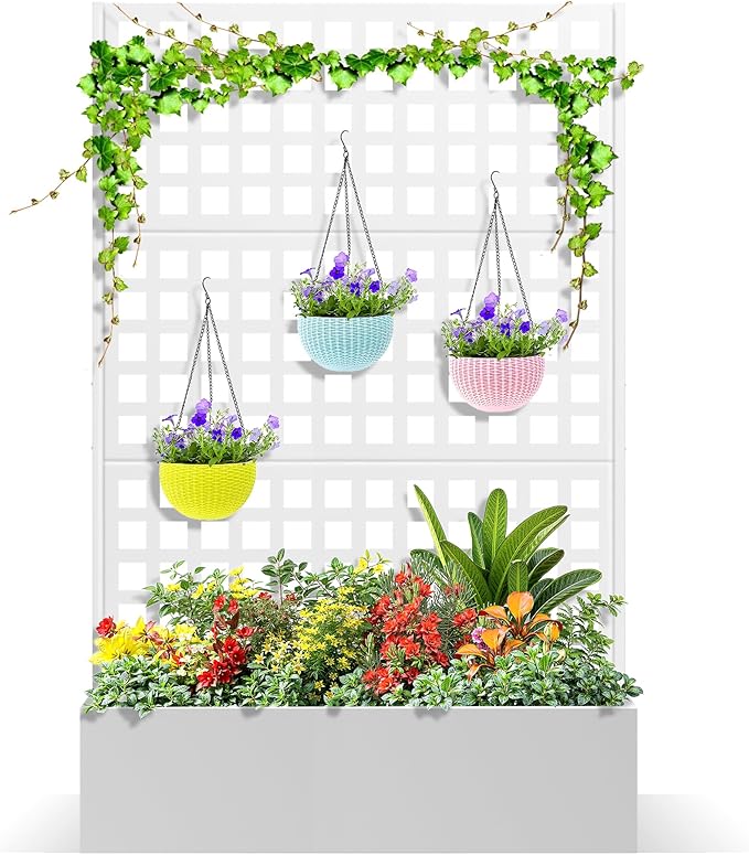 Metal Raised Garden Bed, Trellis Planters Bed with Drainage Holes for Climbing Plants, Vegetables Outdoor Privacy Screen with Planter Box 73"x47"x16", White