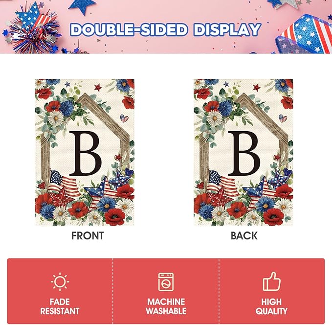 AVOIN colorlife Initial Letter B Monogram Patriotic Garden Flag 12x18 Inch Double Sided Outside, 4th of July Memorial Day Floral Family Last Name Yard Outdoor Decoration
