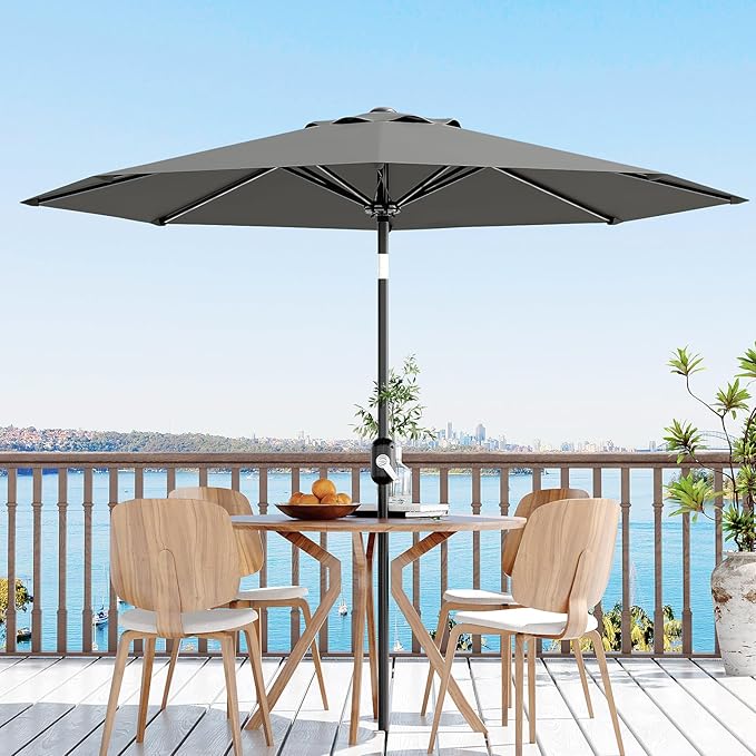 GarveeLife 9FT Patio Umbrella Outdoor, Table Umbrella with Push Button Tilt and Crank, 8 Sturdy Ribs UV Protection Waterproof for Garden, Pool, Market, Deck (Gray)