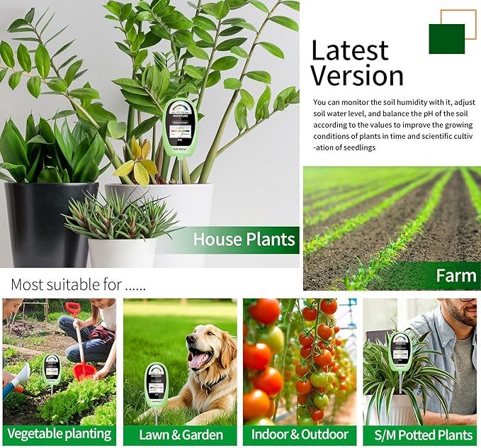 Soil Test Kit, 2-in-1 Soil Moisture Meter, Soil pH Meter -Dual Dial-Simultaneously-Display Results-Soil pH Tester, Moisture Meter for Garden,Lawn,Farm Indoor&Outdoor Plants-Teargreen