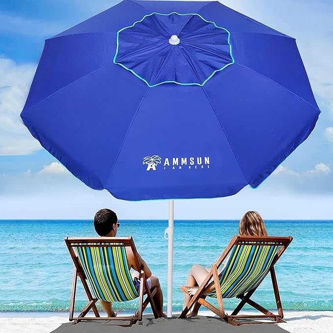 AMMSUN 6.5 ft Heavy Duty Beach Umbrella for Sand with tilt Air Vent Sun Shelter, UV 50+ Protection Outdoor Sunshade Umbrellas and Parasols with Carry Bag for Patio Garden Beach Pool Backyard Navy