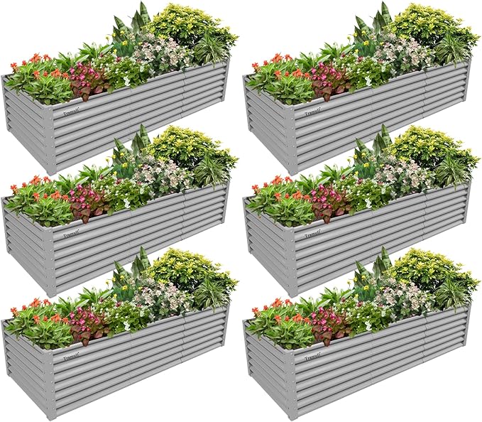 6 Pack 8x3x2FT Galvanized Raised Garden Bed Kit Rectangular Metal Ground Planter Box Outdoor Bottomless Planter Raised Beds for Vegetables Flowers Herbs Fruits, Gray