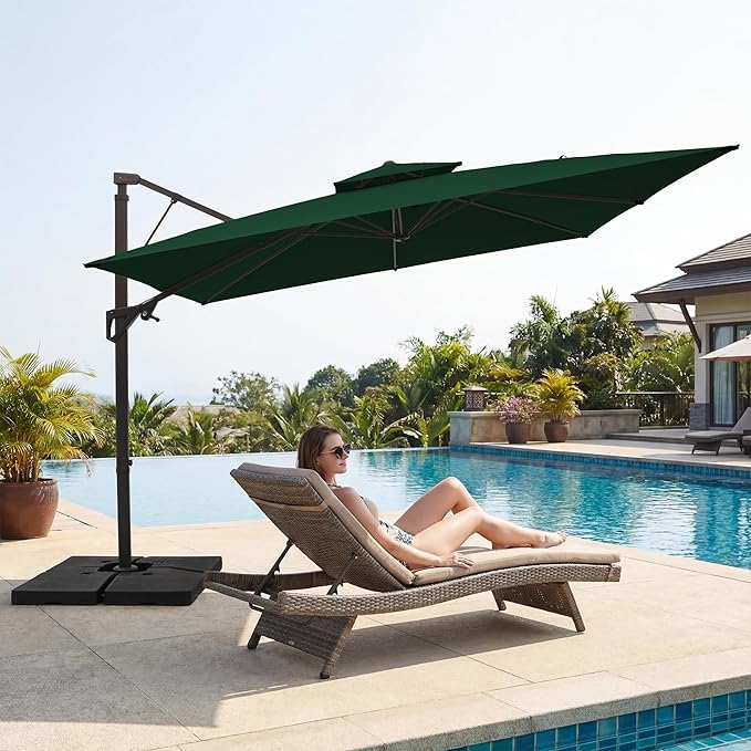 JEAREY 10ft Cantilever Patio Umbrella Outdoor Square Large Offset Umbrella Double Top Roating Heavy Duty Sun Umbrella for Patio Lawn Garden Backyard and Pool,Dark Green