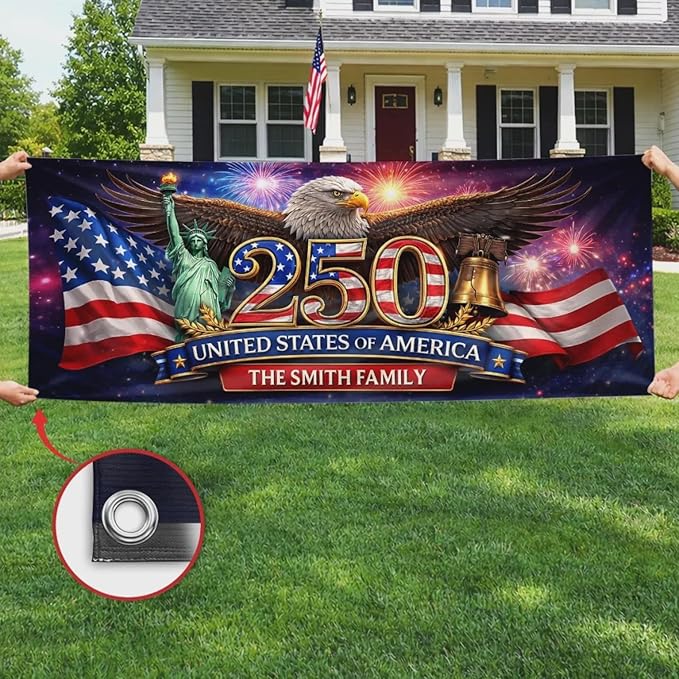 Personalized 250 Years of Freedom USA Banner 1776-2026, Patriotic American Eagle Flag for Independence Day, Customizable Family Name Outdoor Banner, USA Anniversary Decoration for Gardens & Porches A10