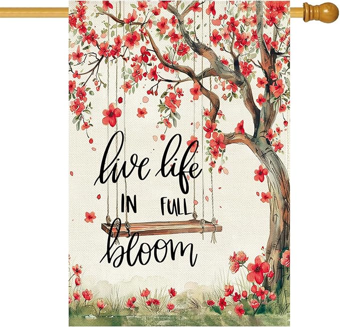 Baccessor Spring Summer House Flag 28 X 40 Inch, Red Floral Tree Swing Double Sided Burlap Welcome Large Yard Flag Seasonal Holiday Lawn Proch Outdoor Outside Decor