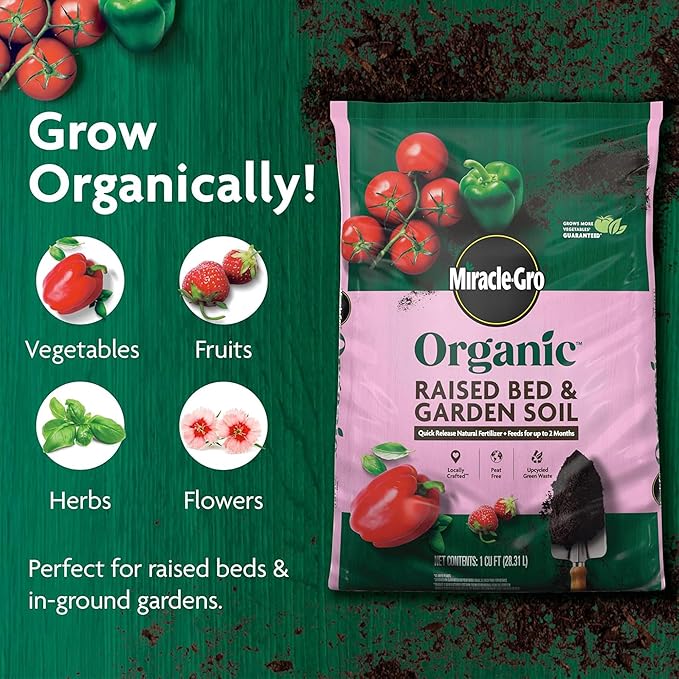Miracle-Gro 2 Pack Organic Raised Bed and Garden Soil with Quick Release Natural Fertilizer, Feeds Plants, Up to 2 Months, Grows More Veggies, 1 Cu Ft