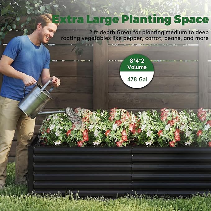 8x4x2 ft Raised Garden Bed, Large Metal Planter Raised Beds, Planters for Outdoor Plants for Vegetables, Flowers, Herbs, Fruits, and Succulents.Black