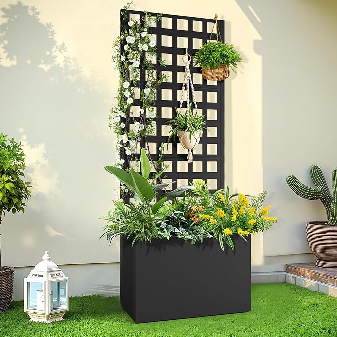 Metal Raised Garden Bed, Trellis Planters Bed with Drainage Holes for Climbing Plants, Vegetables Outdoor Privacy Screen with Planter Box 63"x24"x12", Black