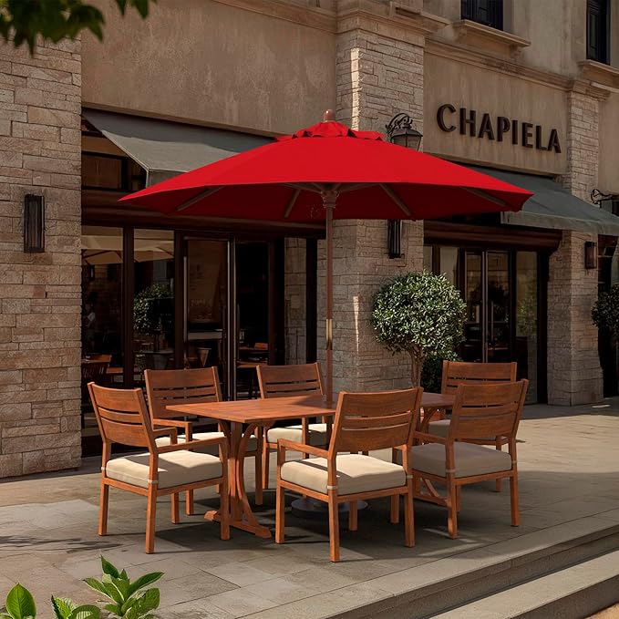 California Umbrella 9' Premium Commercial Hardwood Patio Umbrella, Manual Lift With Sunbrella Jockey Red Fabric