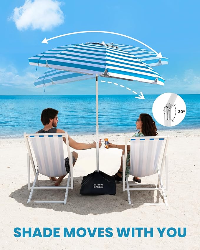 OutdoorMaster Beach Umbrellas for Sand with Sandbag & Anchor, 7.2ft Adjustable Umbrella for Beach Heavy Duty Wind, Portable UPF50+ Sunshade with Carry Bag for Patio