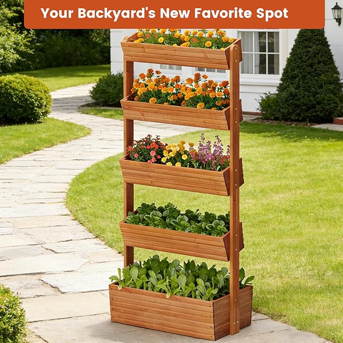 GHWIE Wooden Garden Planter Box, Raised Bed with Vertical Plant Rack, Indoor Outdoor Flower Herb Vegetable Stand (Reddish-Brown, 5 Tier)