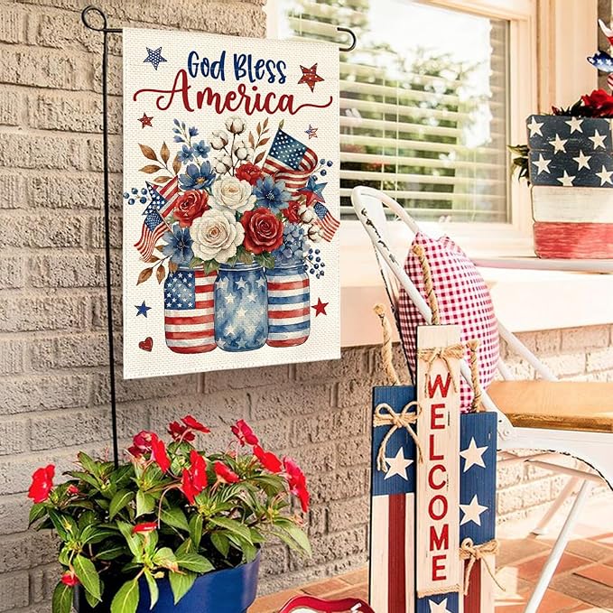 AVOIN colorlife God Bless America Mason Jar Patriotic Garden Flag 12x18 Inch Double Sided Outside, 4th of July Memorial Day Stars and Stripes Floral Yard Outdoor Decoration