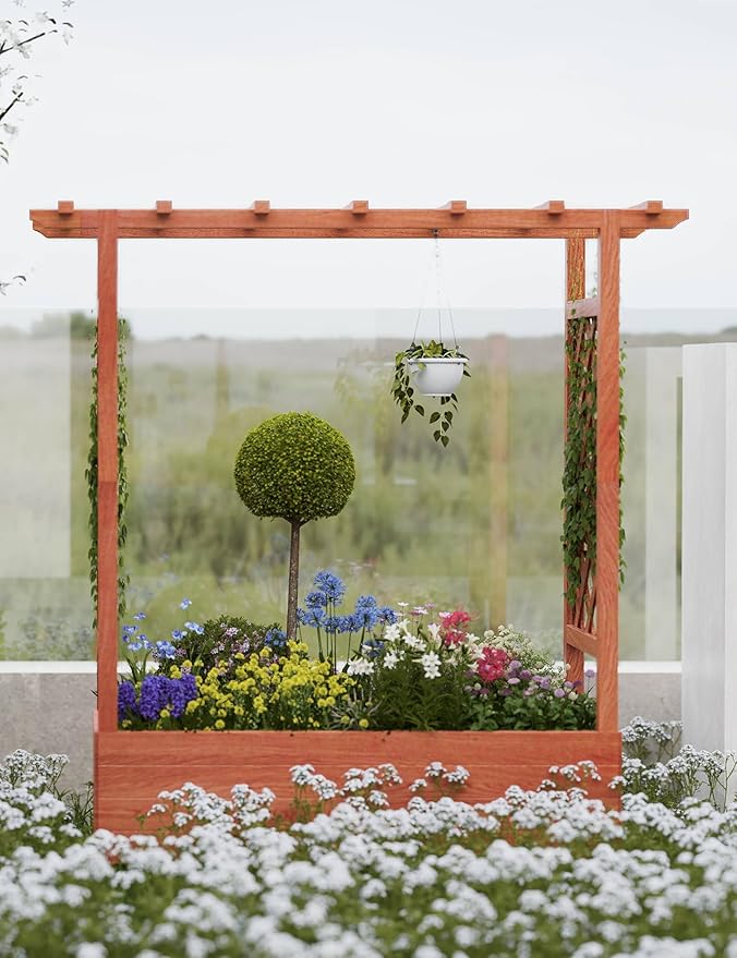 Raised Garden Bed with Trellis, Wood Planter Box with Hanging Roof, Side Trellis & Drainage, Freestanding Garden Planter for Climbing Plants, Vegetables, Flowers