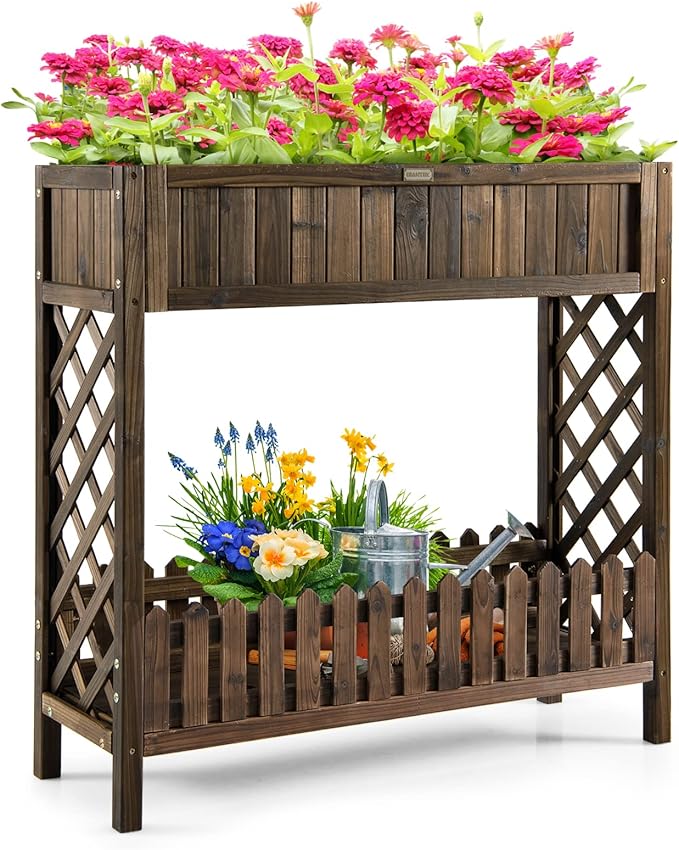 HAPPYGRILL Wooden Raised Garden Bed, 2-Tier Elevated Planter Box Stand with Legs, Storage Shelf, 35.5” Height, Carbonized Fir Wood Garden Bed for Vegetable Fruit Herb Flower