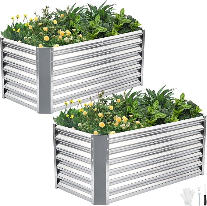 4x2x1.86ft (2 Pack) Raised Garden Bed - Galvanized Deep Root Planter Boxes Outdoor with Wing Nuts and Safety Edges for Gardening Vegetables, Flowers, Herbs, Succulents - Silver