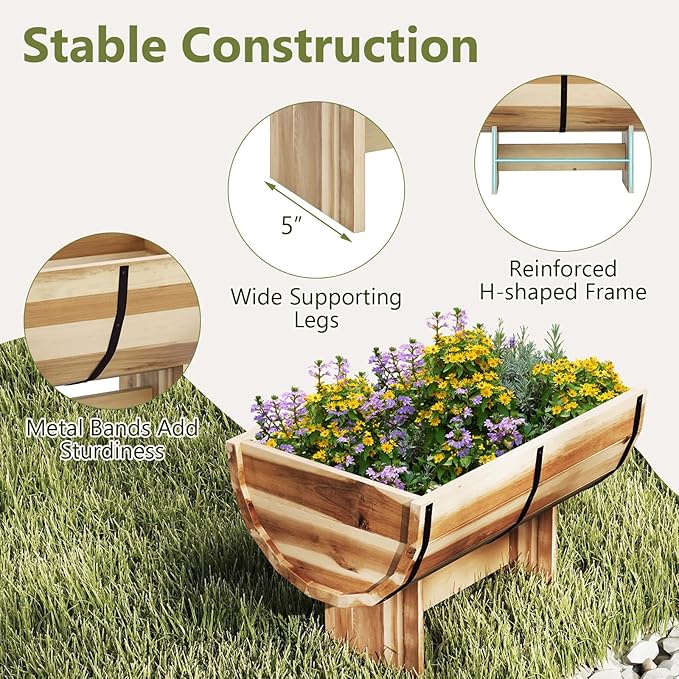 S AFSTAR 2 Pieces Acacia Wood Raised Garden Beds, Half-Barrel Planter Box with Legs, Drainage Gaps & Metal Bands, Rustic Plant Box Decorative Elevated Flower Pot for Indoor & Outdoor