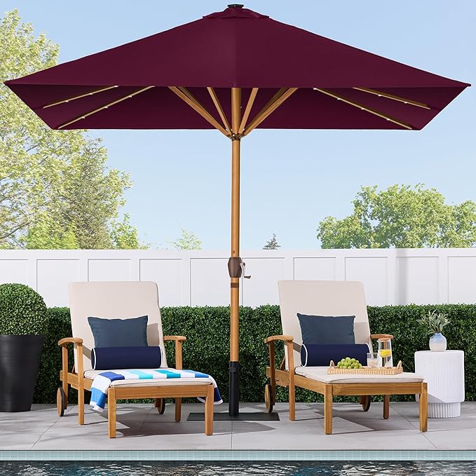Best Choice Products 9ft Deep Square Solar Powered LED Lighted Patio Umbrella w/Woodgrain Pattern, UV-Resistant Fabric, Hand Crank - Burgundy
