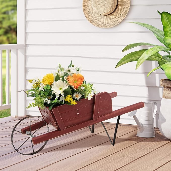 Giantex Wood Wagon Planter, Small Wheelbarrow Wagon Cart, Indoor & Outdoor Decorative Raised Bed W/ 9 Magnetic Accessories, Flower Pot Wheelbarrow Cart for Garden Backyard (Red)