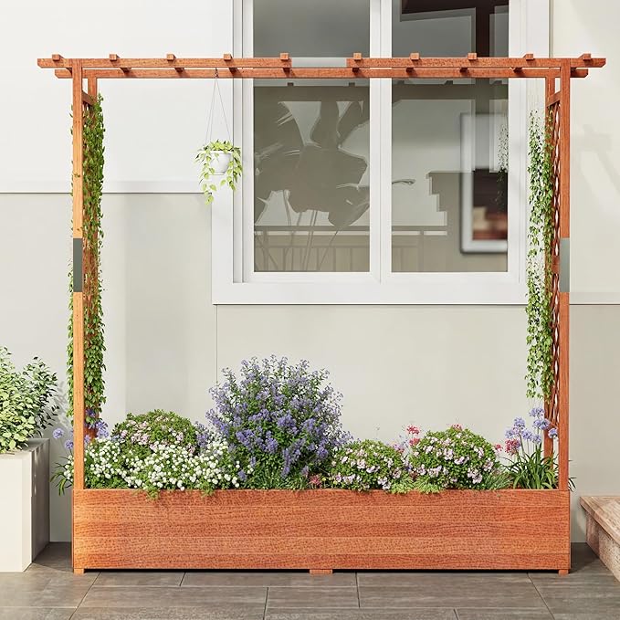 Raised Garden Bed with Trellis, Wood Planter Box with Hanging Roof, Side Trellis, 4 Drainage Holes, Elevated Garden Bed for Outdoor Climbing Plants, Vines, Patio 77.2''x17.3''