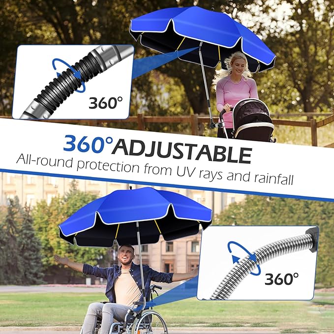 48.8 inch Large Beach Umbrella with Clamp Sun Shade for Beach Chair, 360°Adjustable UV Protection Golf Umbrella with Clip for Outdoor Stroller Wheelchair Camping Chair