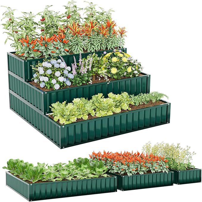 Giantex 3-Tier Raised Garden Bed, 47" x47''x24'' Heavy-Duty Metal Outdoor Planter Box w/Open-Ended Base, Elevated Planter Box for Vegetable Fruit Flower Herb, Patio Backyard Raised Bed Kit