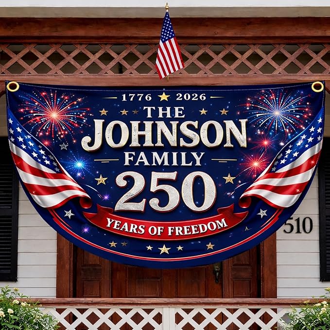 Personalized Family Name Patriotic Bunting Flag 1776 2026 250 Years of Freedom Custom USA Anniversary Decor Independence Day Outdoor Banner for Home Porch Garden Party
