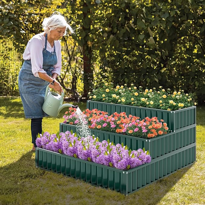 HAPPYGRILL 3-Tier Raised Garden Bed, Galvanized Elevated Garden Bed w/Open-Ended Base for Deep Rooted Plants Vegetables Flowers, Modular Assembly, Outdoor Planter Box for Patio Backyard (1, Green)
