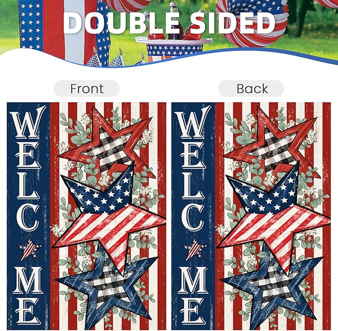 Welcome 4th of July House Flags for Outdoor, Patriotic American Stars and Stripes Large Yard Decorations, Decorative Decor for Summer 250th USA Anniversary Holiday Outside 28x40 Inch Double Sided