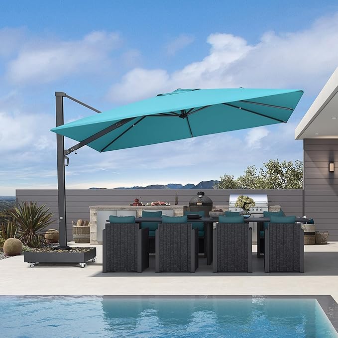 PURPLE LEAF 12' X 9' Rectangle Patio Umbrella Large Outdoor Aluminum Offset Umbrella with 360-degree Rotation Cantilever Umbrella for Garden Deck Backyard Pool Turquoise Blue