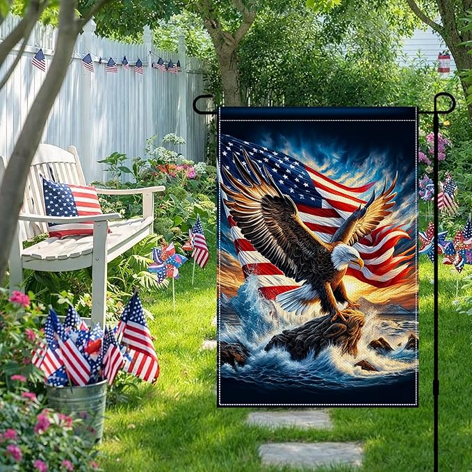 BlissYard Eagle Garden Flag 12x18 Inch Double Sided American Flag Bald Eagle Ocean Wave Burlap Garden Flag Farmhouse Yard Outdoor Banner for Porch Patio Lawn Independence Day Decoration