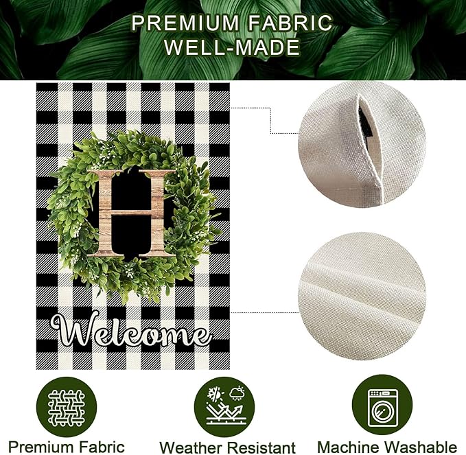 Baccessor Monogram Letter H Garden Flag 12.5 x 18 Inch, Buffalo Plaid Family Last Name Initial Boxwood Wreath Welcome Vertical Double Sided Small Flags for Outdoor Outside Decoration