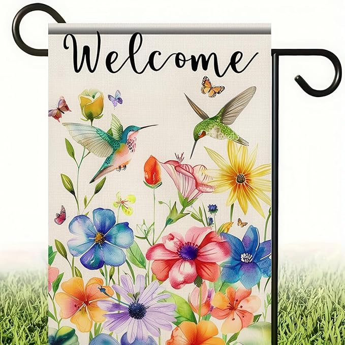 BlissYard Spring Summer Welcome Garden Flag 12 x 18 Inch Double Sided Hummingbird Spring Flowers Yard Flag Sparrow Bird Seasonal Yard Holiday Outdoor Flag Home Decor