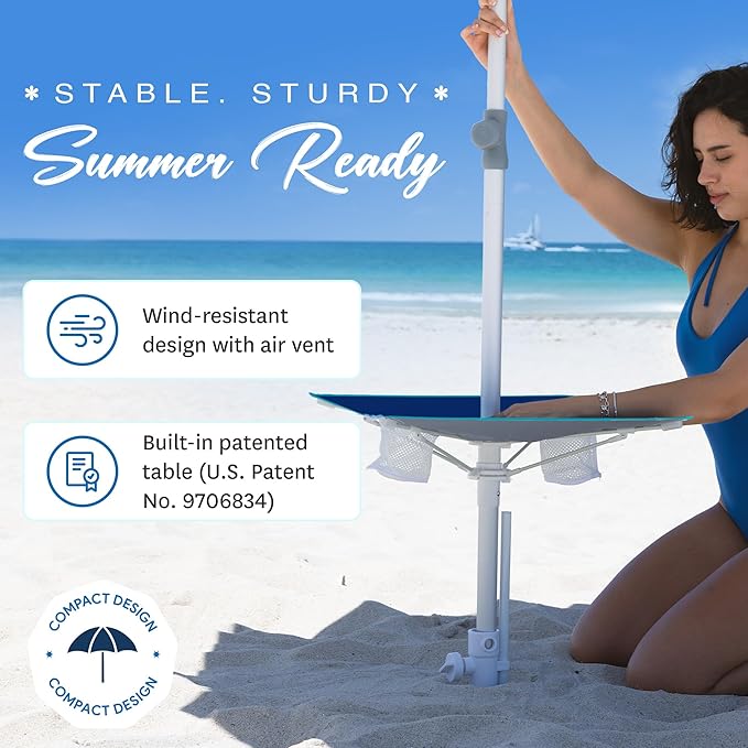 AMMSUN 7ft Heavy Duty High Wind Beach Umbrella with sand anchor, Built-in Table Tray Vent Tilt Pole, UPF 50+ Windproof Portable Outdoor Umbrellas Carry Bag for Patio Garden Pool Backyard Navy