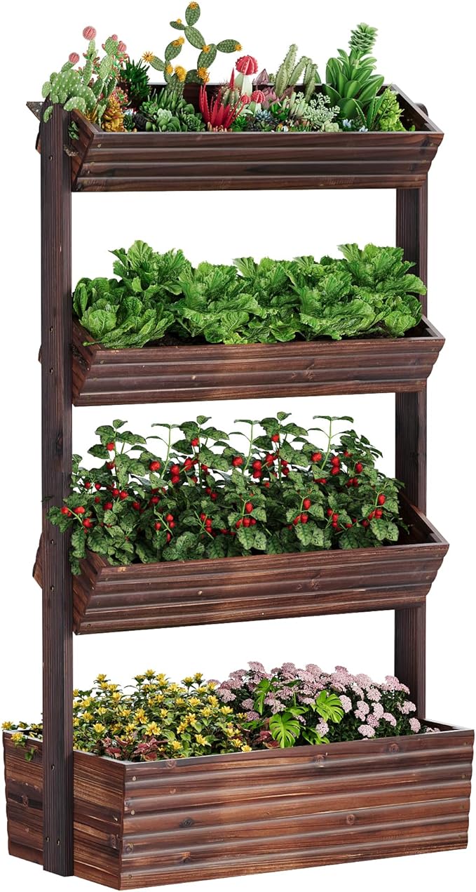 Vertical Wooden Raised Garden Bed Planters Wood Planter Kit Plant Stand Flower Rack Planter Box Gardening Plants Herbs Flowers Vegetables Outdoor Indoor Freestanding (Carbonized 4-Tier)