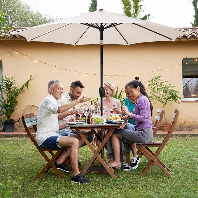 Sun-Ray 9' Round Patio Umbrella with Push-Button Tilt and Hand Crank Lift System, Market Umbrella for Porch, Deck, and Patio
