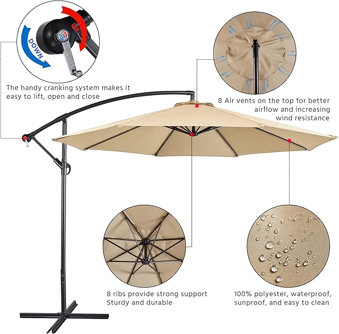 Yaheetech 10FT Patio Offset Umbrella - Cantilever Hanging Outdoor Umbrellas w/UV Protection & 8 Ribs & Handy Crank & Cross Base for Market/Garden/Lawn/Deck/Backyard/Pool - Tan