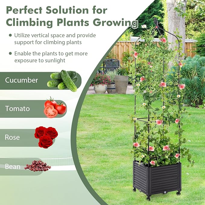 Giantex Raised Garden Bed with Tomato Cages, Obelisk & Bird Top, 10 Fasten Straps, Gloves, 83” 67” 51” Adjustable Height, Self Watering Planter Box with Wheels & Trellis for Climbing Plants