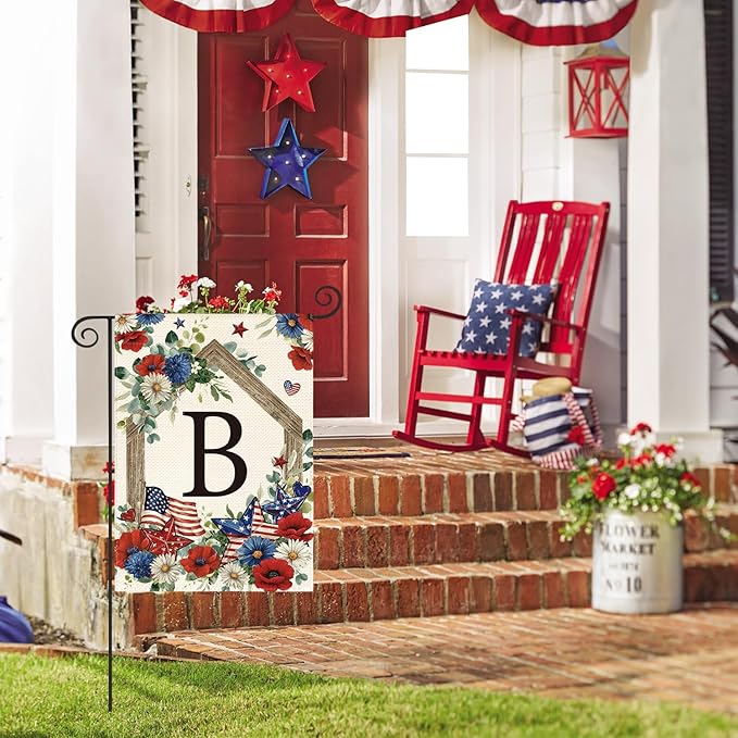AVOIN colorlife Initial Letter B Monogram Patriotic Garden Flag 12x18 Inch Double Sided Outside, 4th of July Memorial Day Floral Family Last Name Yard Outdoor Decoration