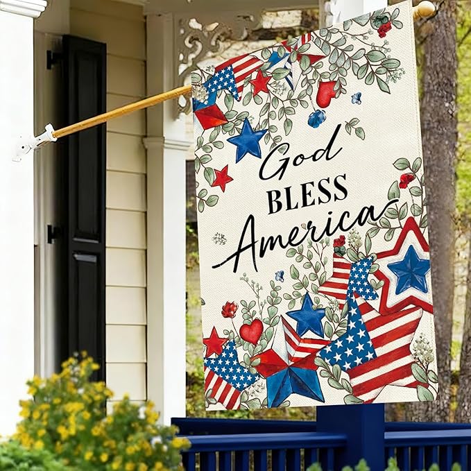 Baccessor Patriotic House Flag 28 X 40 Inch, Double Sided Burlap 4th of July Memorial Day Stars Floral Welcome Large Yard Flag for Porch Patio Seasonal Holiday Outdoor Outside Decor